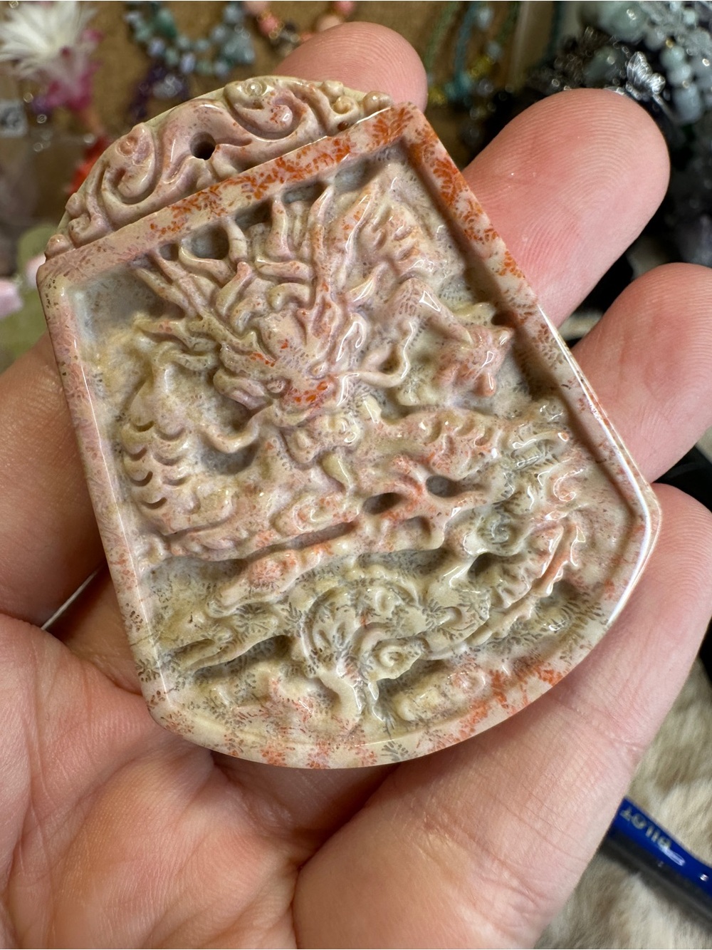 Hand Carved Dragon Coral Jade Pendant - Pink Beige Green 2×1.6×0.34 inch